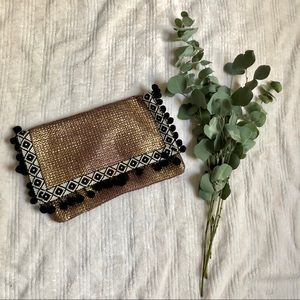 ASOS Woven Gold Lame Clutch with Pom Poms